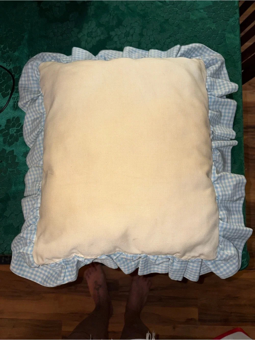 🍁Vintage Holly Hobbie Embroidered Decorative Pillow Blue & White Gingham Ruffle🍁